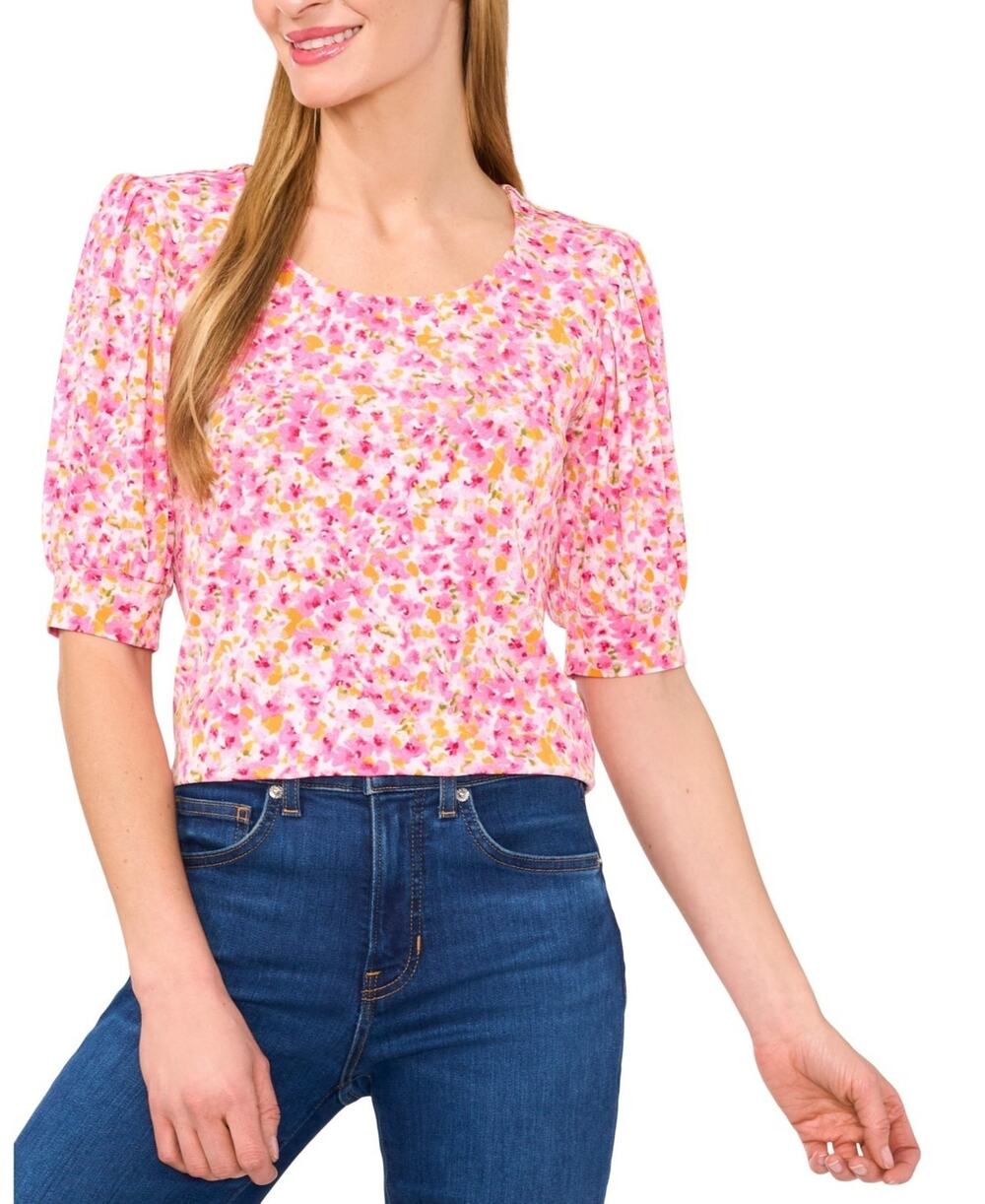 CeCe Women's Floral Crewneck 3/4-Sleeve Shirred Top Multi Size L 3770